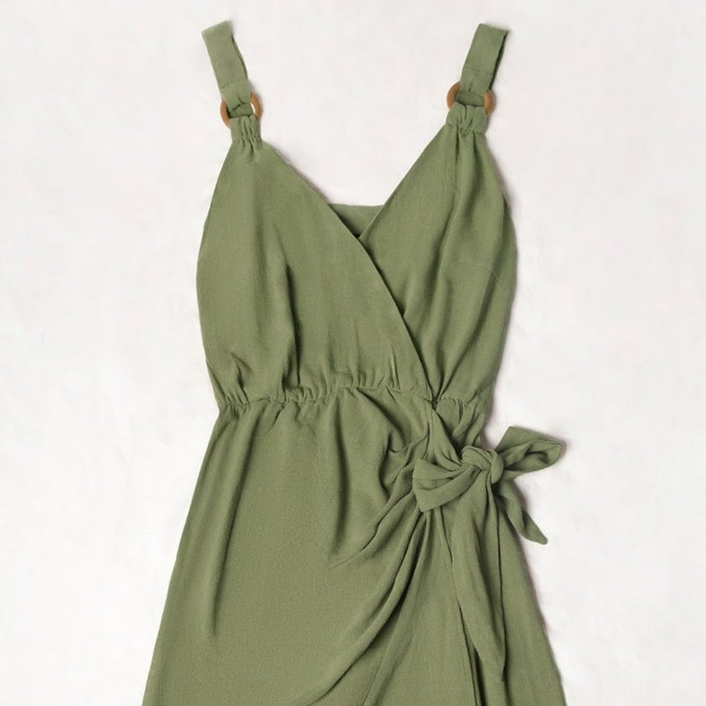 Green O-Ring Wrap Tie Waist Dress
